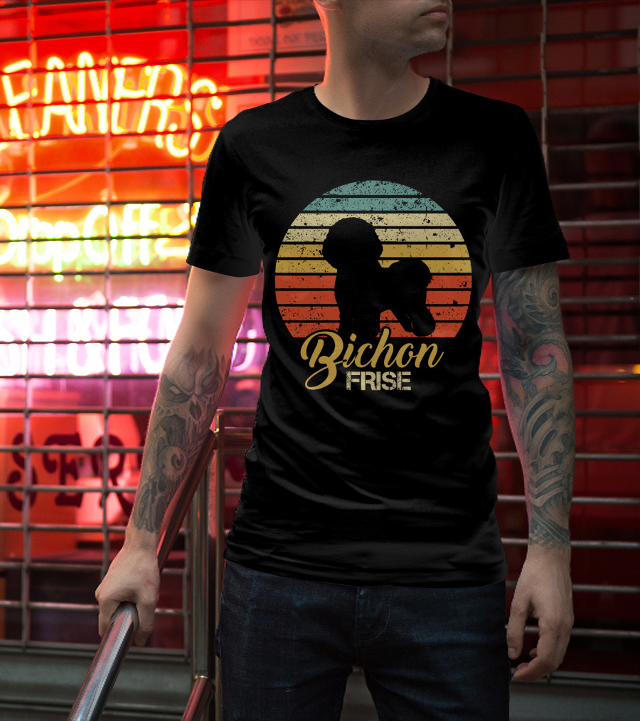 Retro Sunset Silhouette Bichon Frise Stripes T-Shirt
