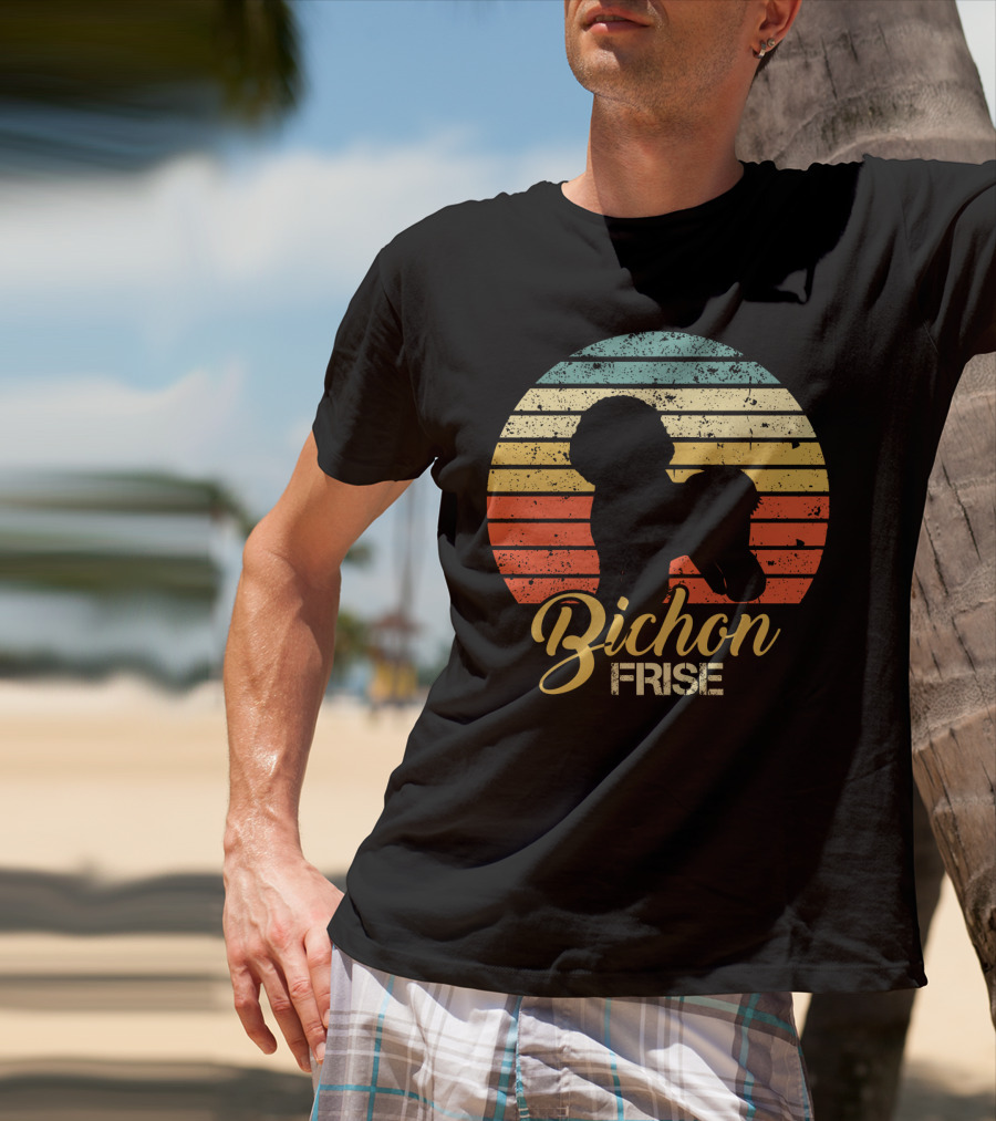 Retro Sunset Silhouette Bichon Frise Stripes T-Shirt