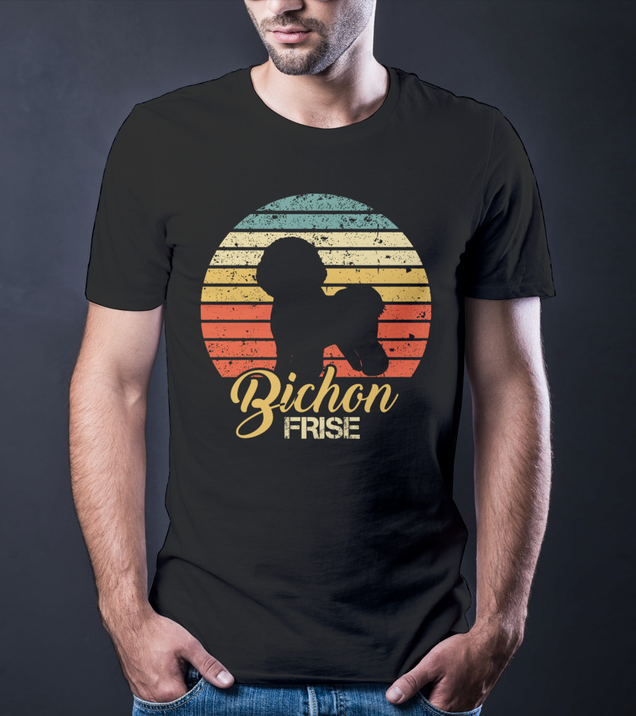 Retro Sunset Silhouette Bichon Frise Stripes T-Shirt