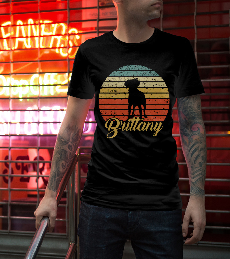 Brittany Spaniel Silhouette Retro Sunset Stripes T-Shirt