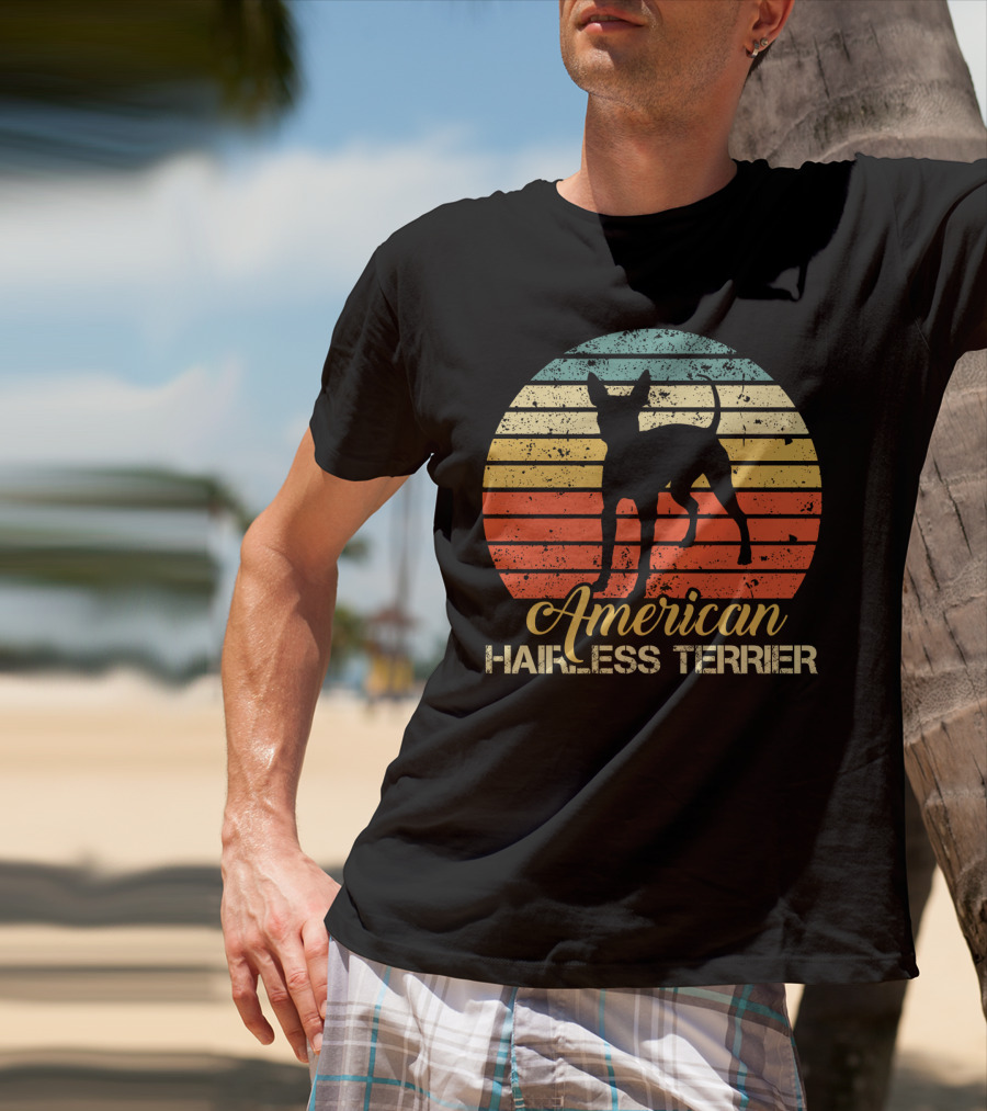 Retro Vintage American Hairless Terrier With Striped Sunset Background T-Shirt