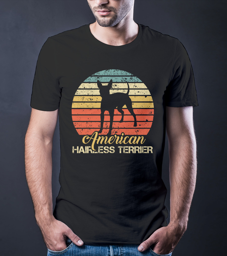 Retro Vintage American Hairless Terrier With Striped Sunset Background T-Shirt