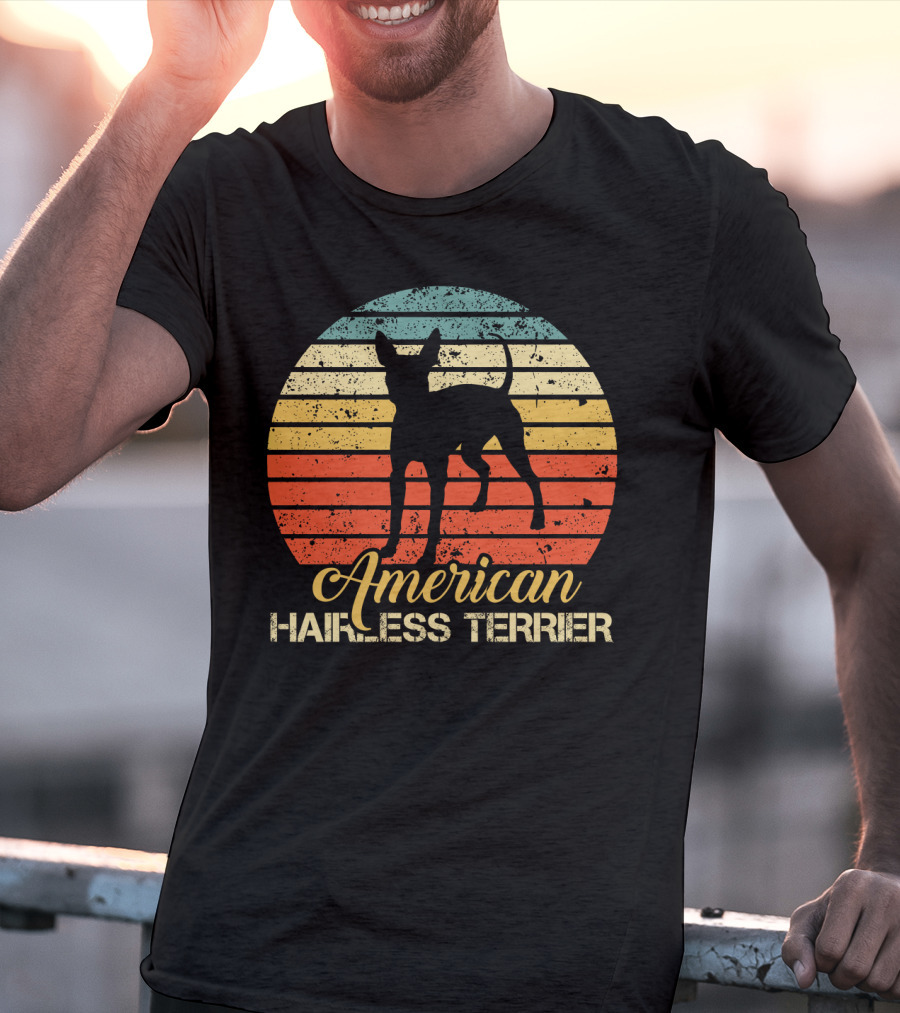 Retro Vintage American Hairless Terrier With Striped Sunset Background T-Shirt