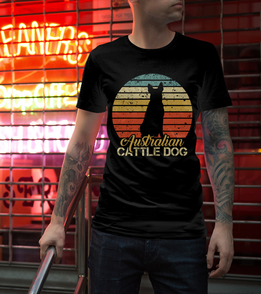 Retro Australian Cattle Dog Silhouette With Vintage Striped Sunset T-Shirt