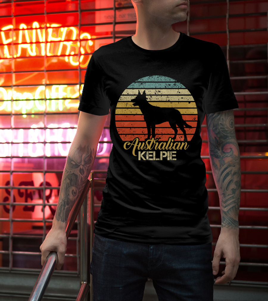 Retro Australian Kelpie Silhouette With Vintage Stripes T-Shirt