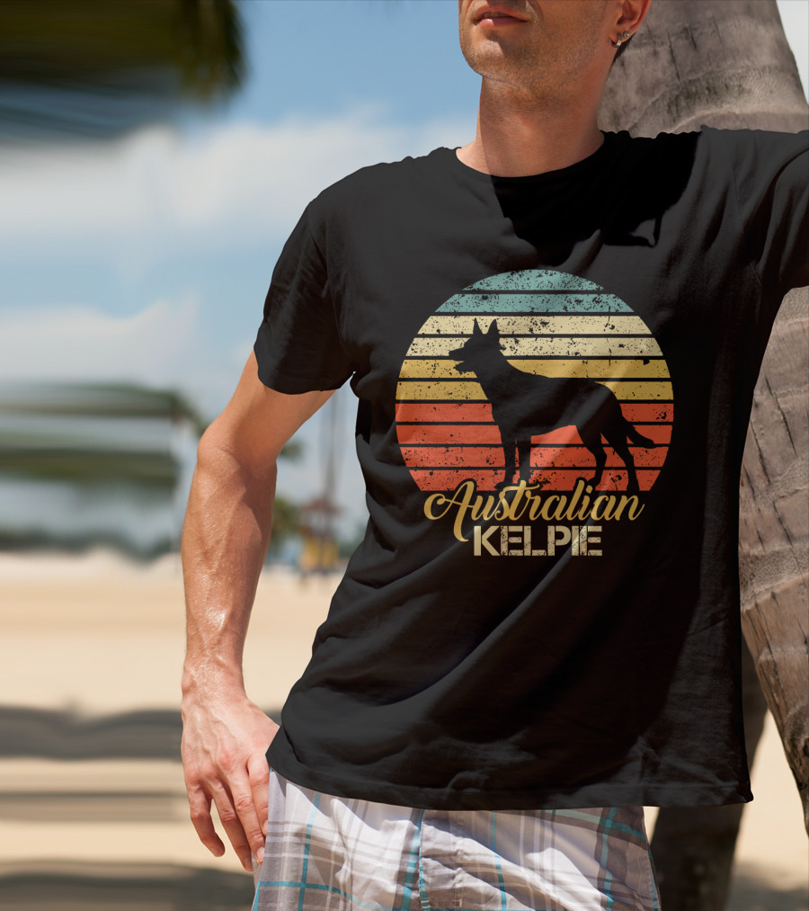 Retro Australian Kelpie Silhouette With Vintage Stripes T-Shirt