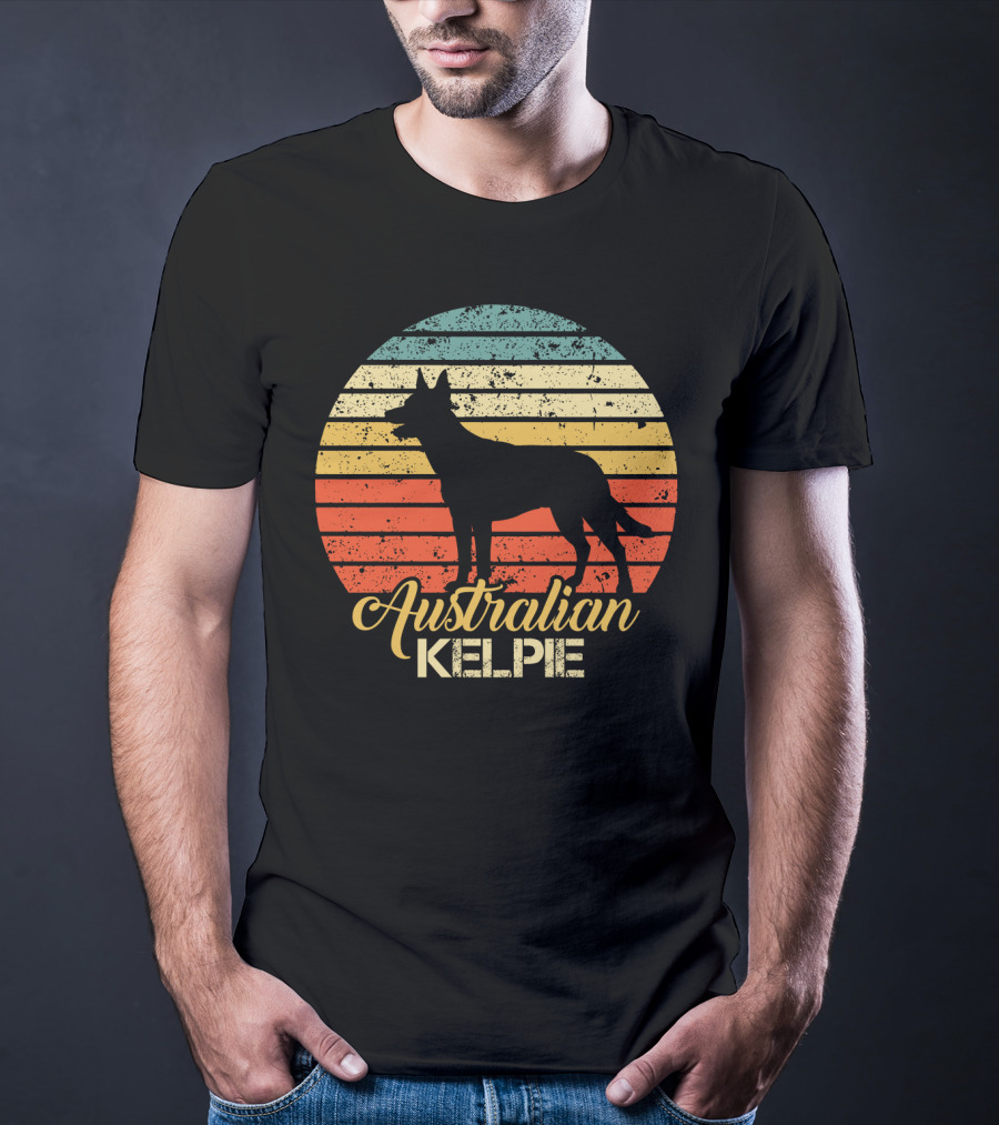 Retro Australian Kelpie Silhouette With Vintage Stripes T-Shirt