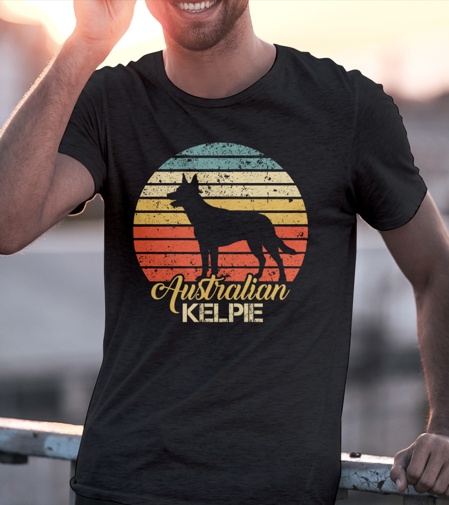 Retro Australian Kelpie Silhouette With Vintage Stripes T-Shirt