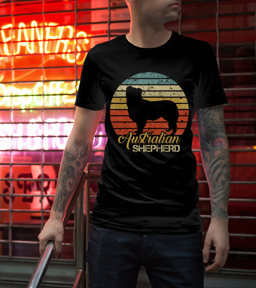 Retro Striped Silhouette Vintage Australian Shepherd T-Shirt