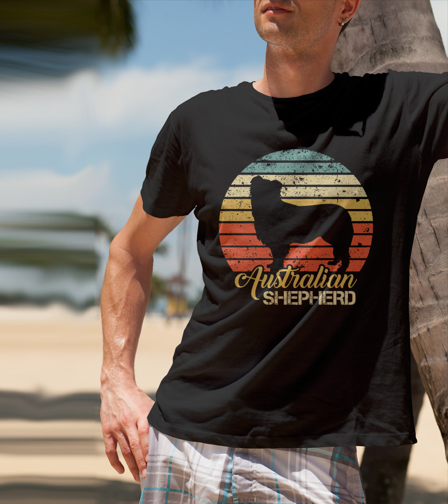 Retro Striped Silhouette Vintage Australian Shepherd T-Shirt