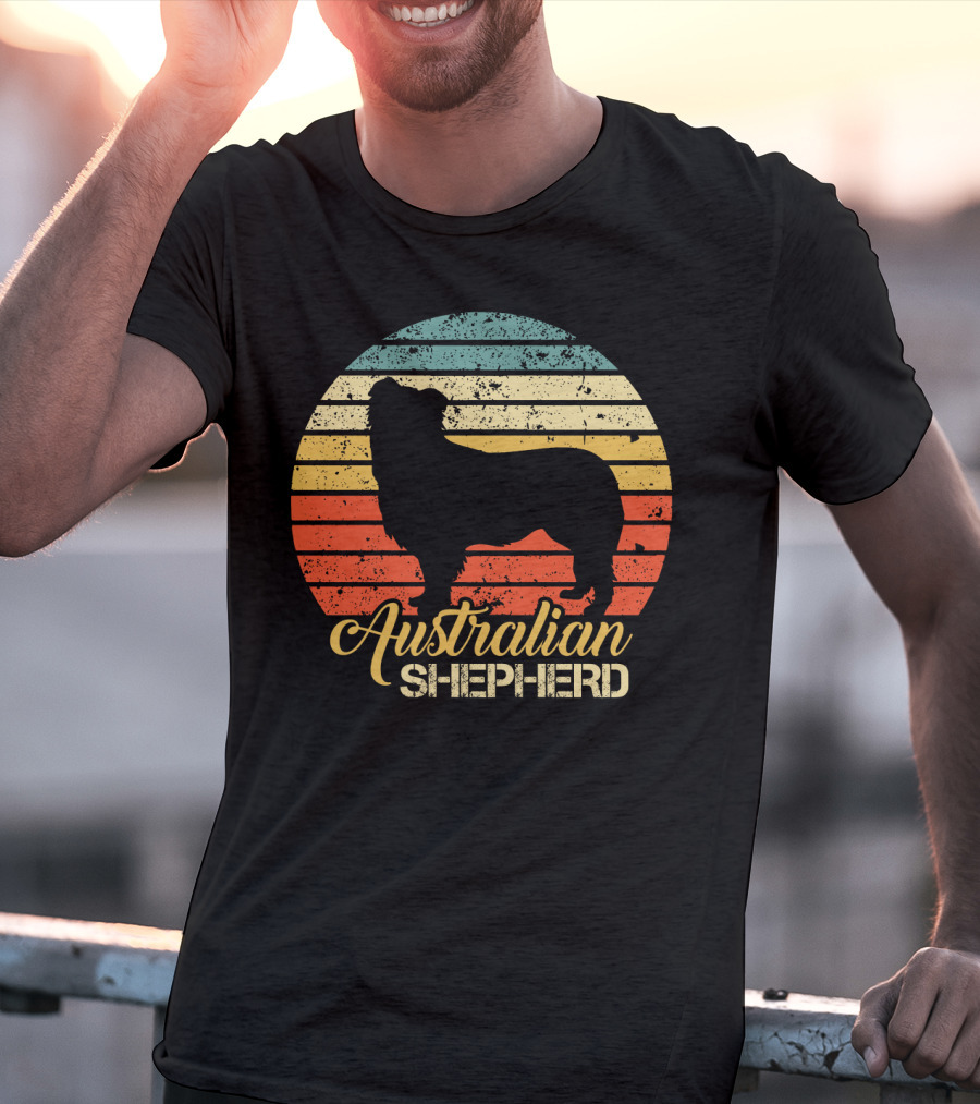Retro Striped Silhouette Vintage Australian Shepherd T-Shirt