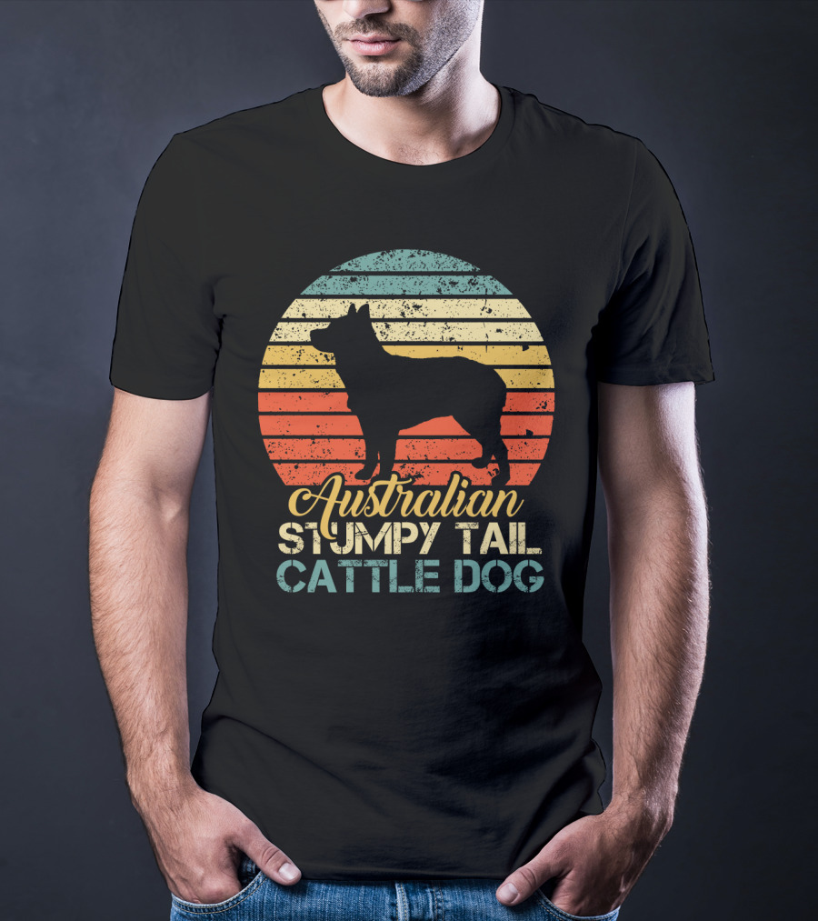 Vintage Retro Australian Stumpy Tail Cattle Dog Silhouette Sunset Stripes T-Shirt