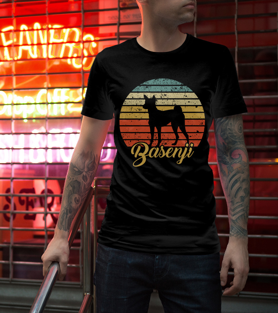 Vintage Basenji Silhouette Retro Striped Circle T-Shirt