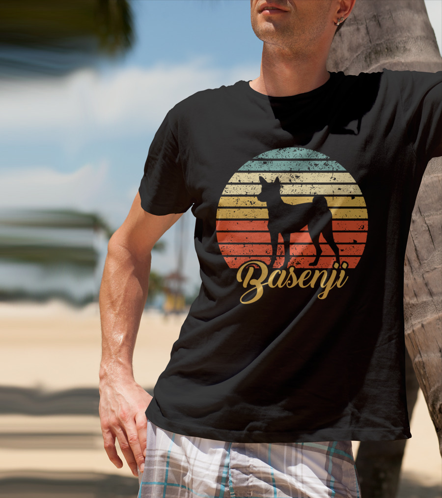 Vintage Basenji Silhouette Retro Striped Circle T-Shirt