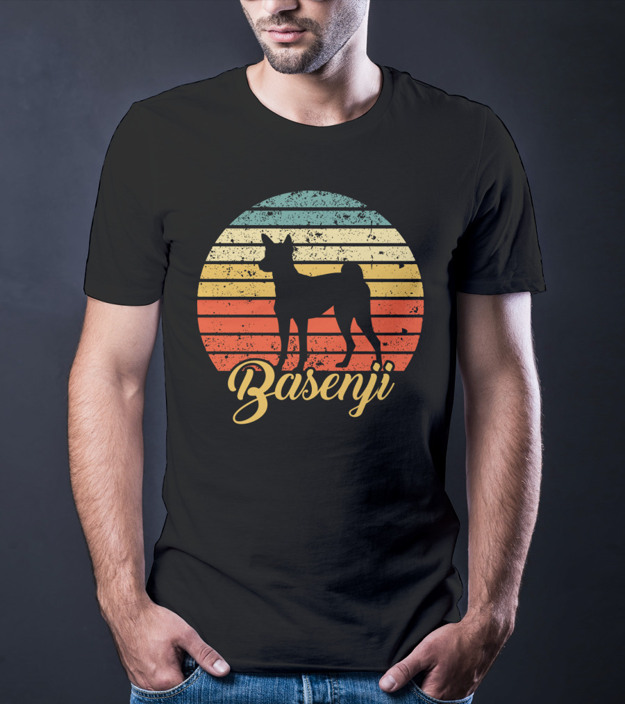 Vintage Basenji Silhouette Retro Striped Circle T-Shirt