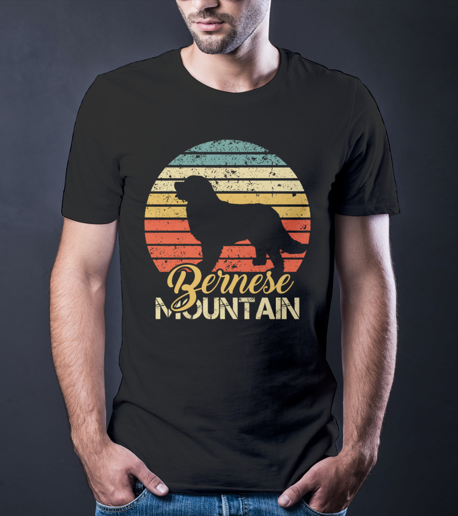 Retro Bernese Mountain Dog Silhouette With Striped Sunset Background T-Shirt