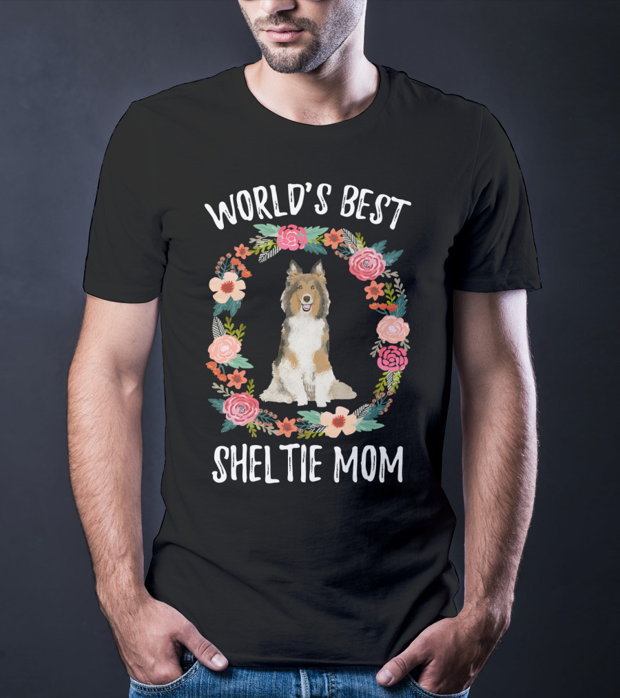 World's Best Sheltie Mom Floral Wreath T-Shirt