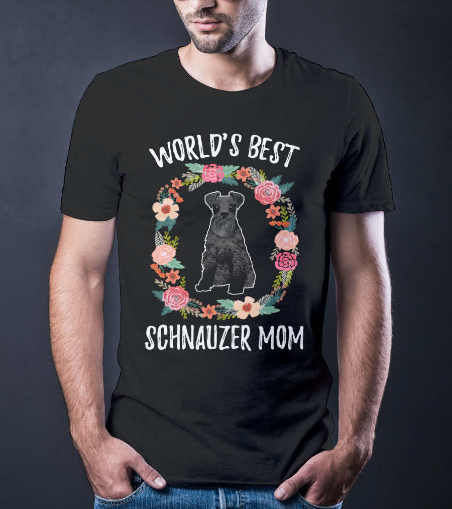 World's Best Schnauzer Mom Black Schnauzer Floral Wreath T-Shirt