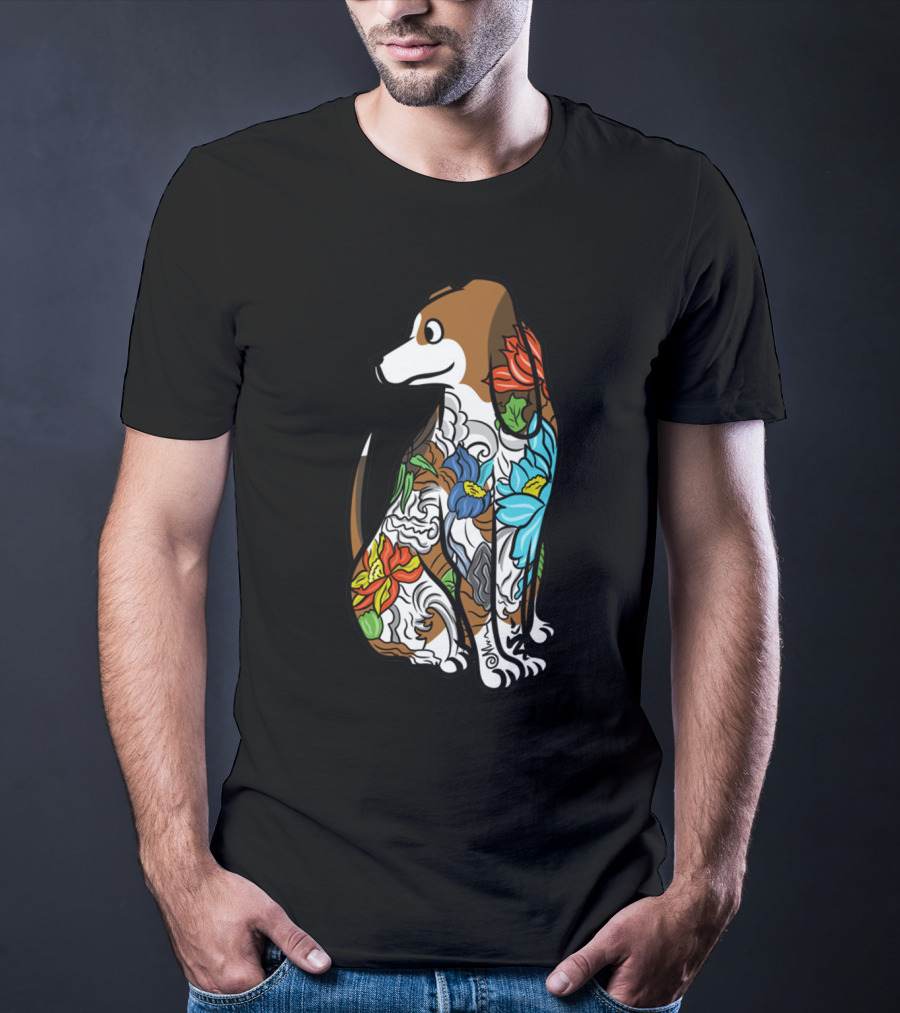 Basset Hound Tattoo Floral Art Design With Vibrant Colors T-Shirt