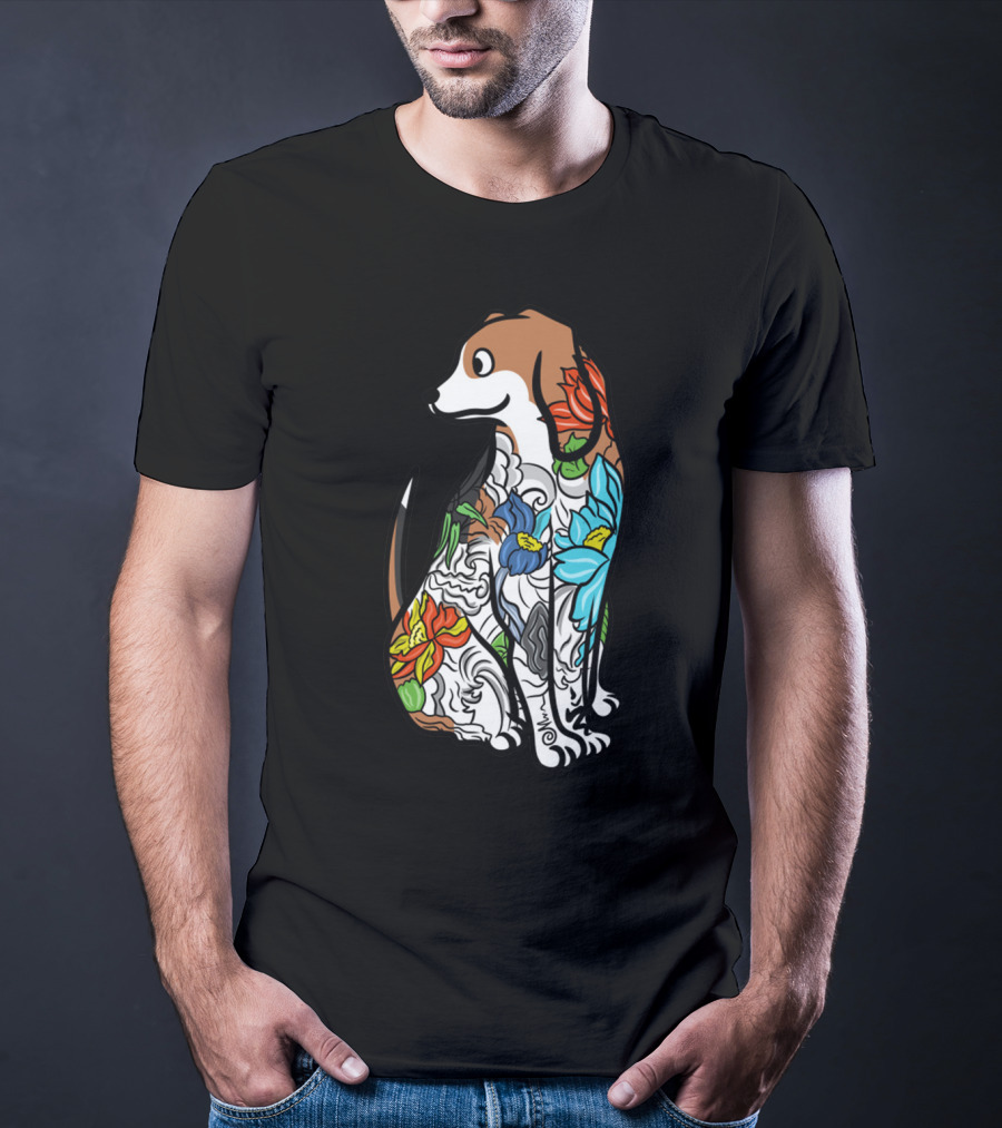 Beagle With Vibrant Floral Tattoo T-Shirt