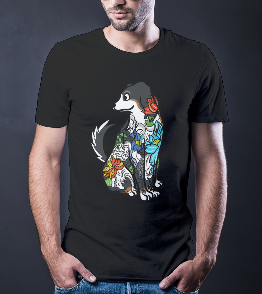 Colorful Floral Tattoo Style Bernese Mountain Dog T-Shirt