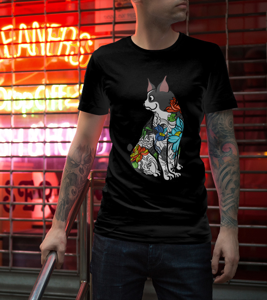 Boston Terrier With Colorful Floral Tattoo T-Shirt