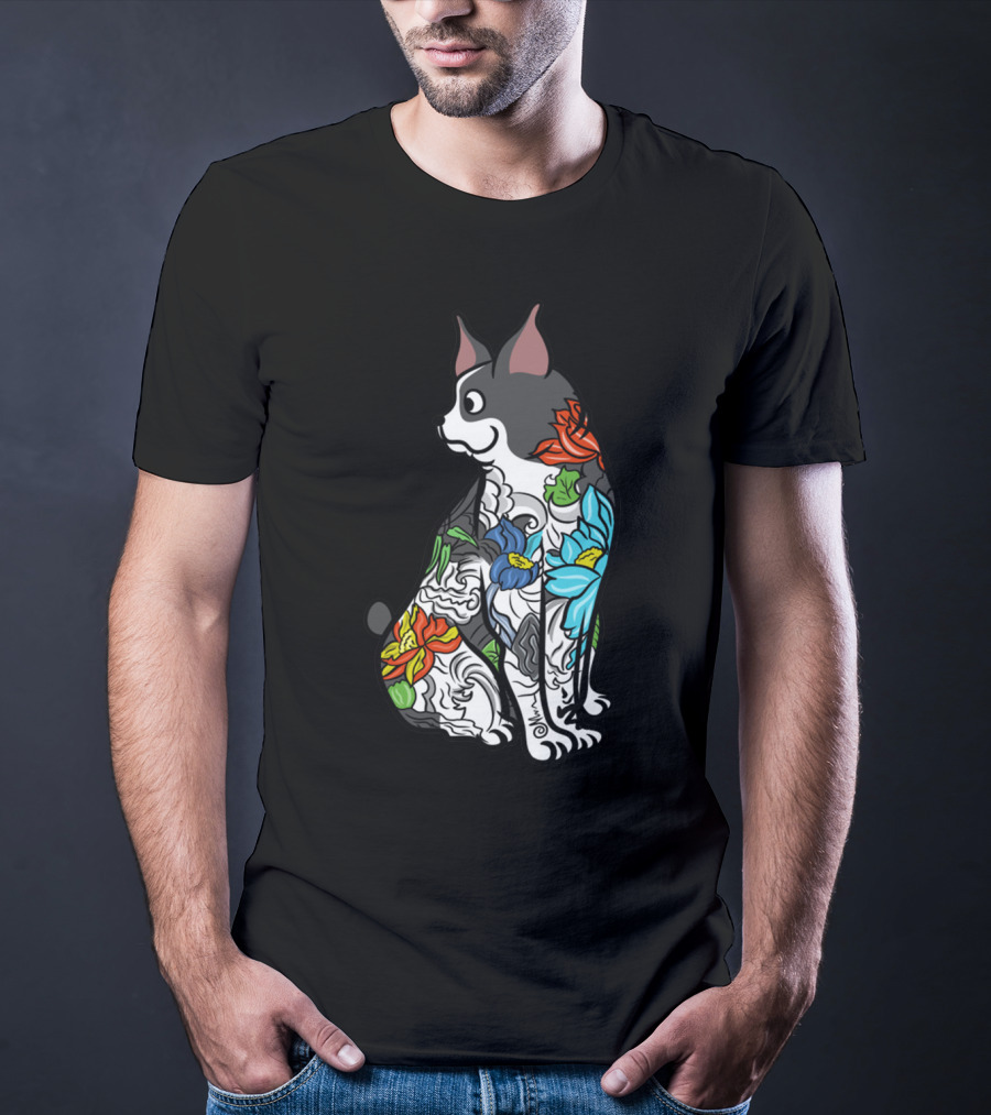 Boston Terrier With Colorful Floral Tattoo T-Shirt