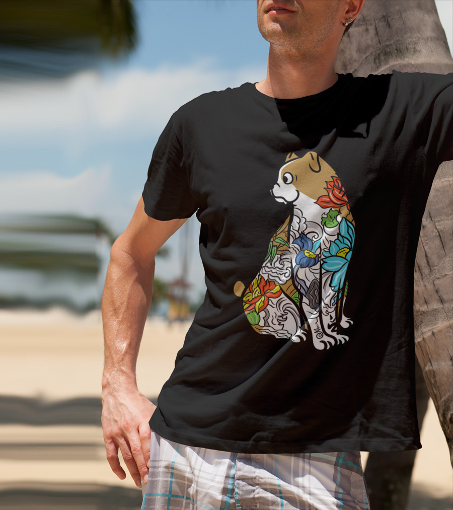 Bulldog Tattoo Floral Pattern Colorful T-Shirt