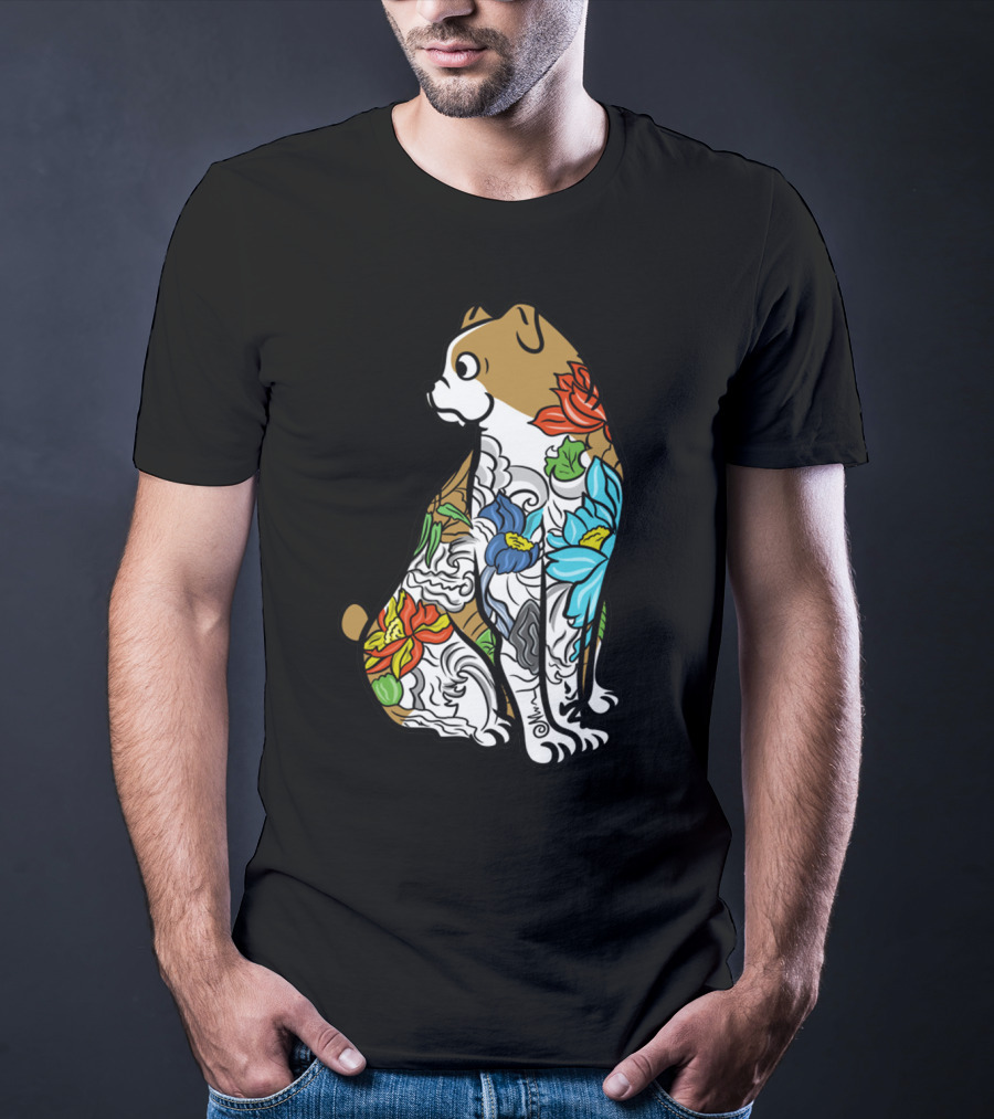 Bulldog Tattoo Floral Pattern Colorful T-Shirt