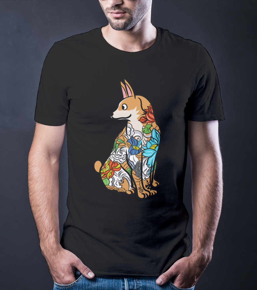 Corgi With Colorful Floral Tattoo T-Shirt