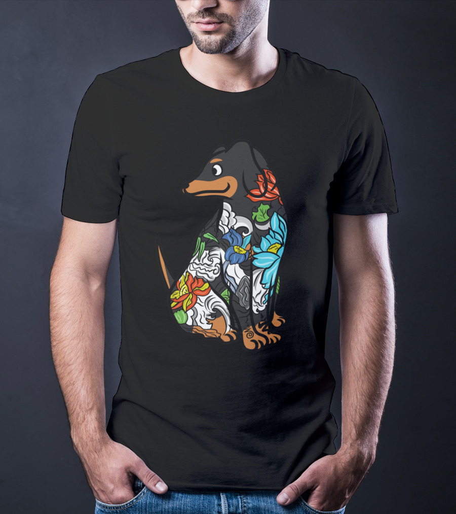 Colorful Floral Dachshund Tattoo Design With Artistic Flower T-Shirt