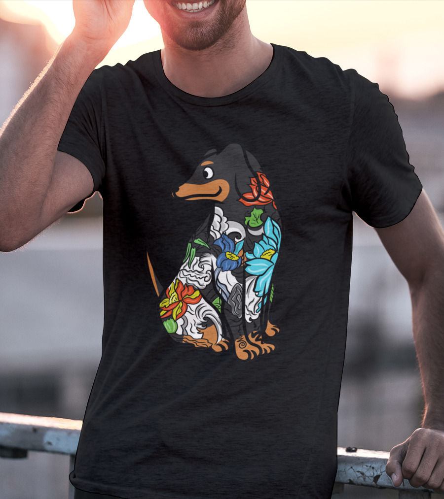 Colorful Floral Dachshund Tattoo Design With Artistic Flower T-Shirt