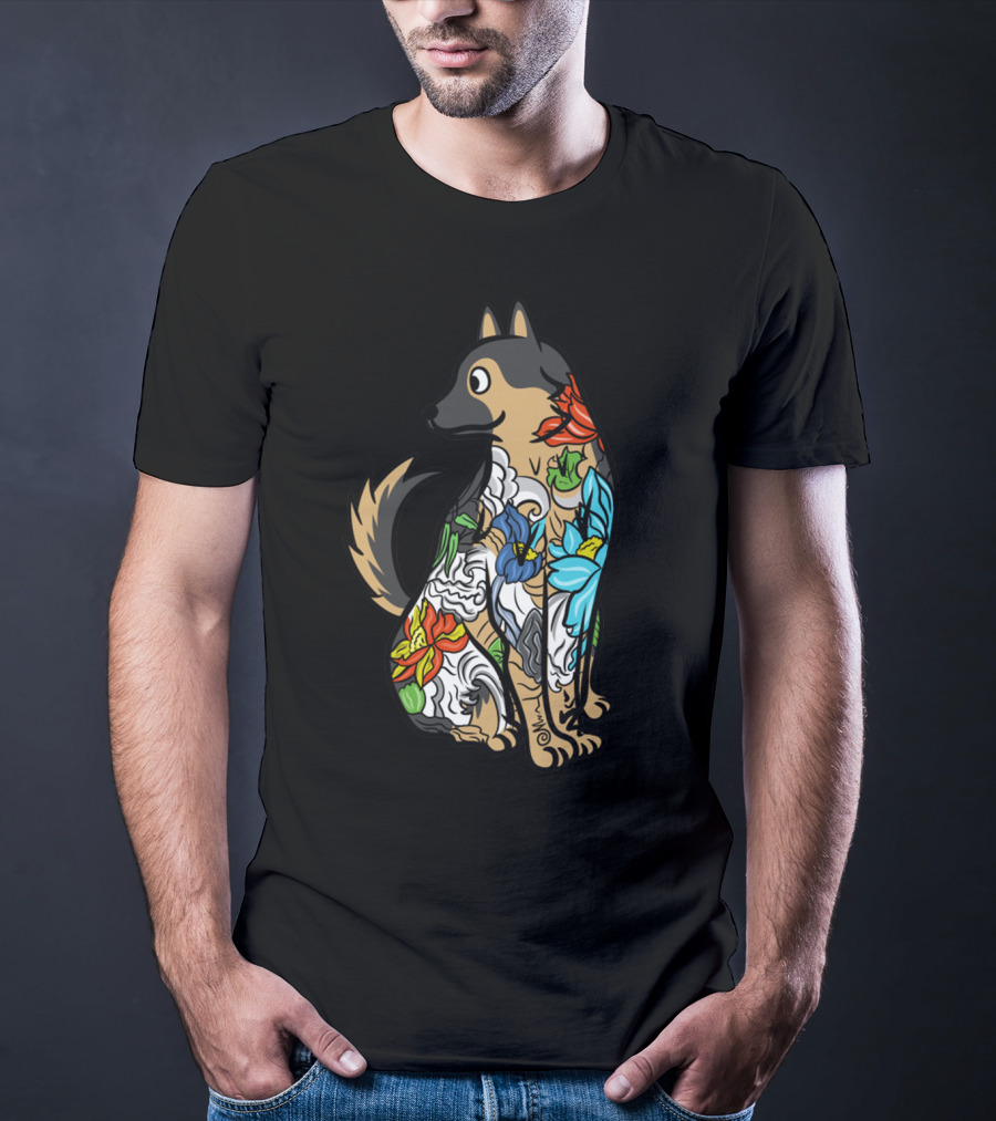 German Shepherd Vibrant Floral Tattoo T-Shirt