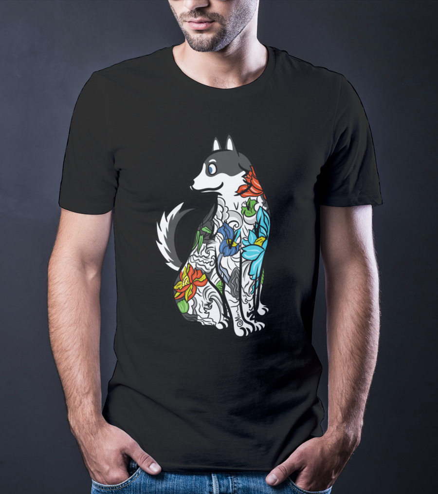Husky Tattoo Floral Art Pattern In Black And Multicolor T-Shirt