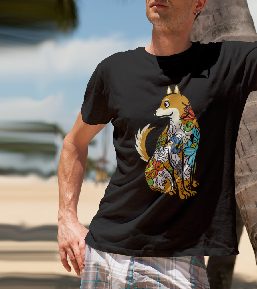 Shiba Inu Tattoo Colorful Floral T-Shirt