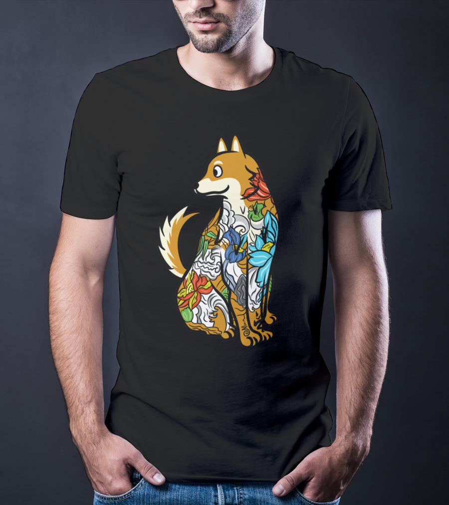 Shiba Inu Tattoo Colorful Floral T-Shirt