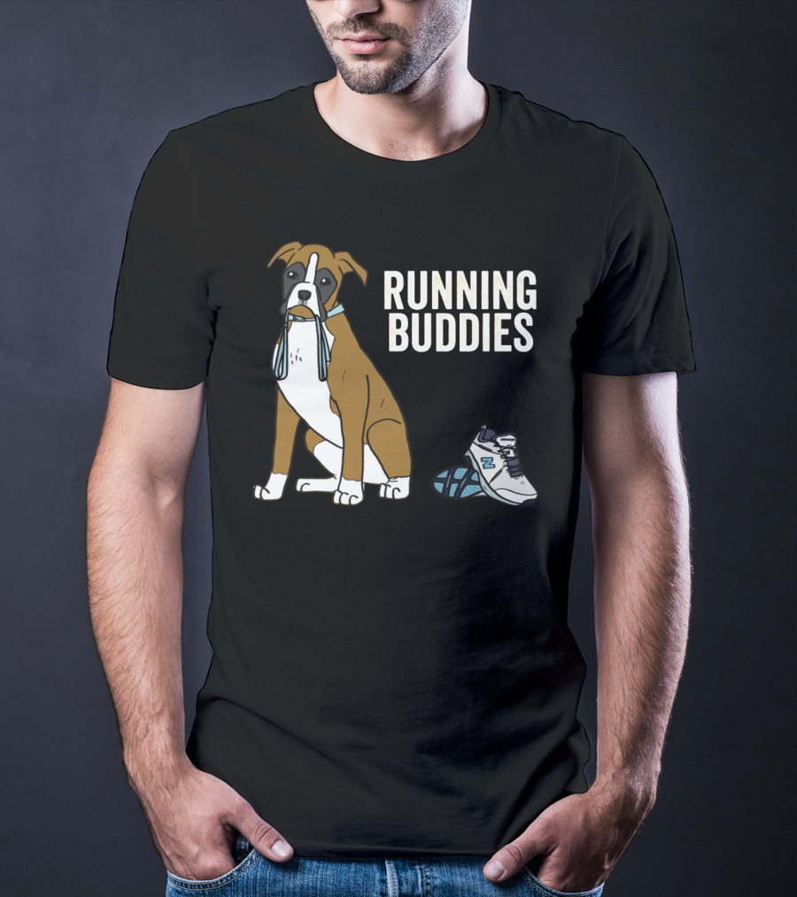 Boxer With Shoe And Running Buddies Text T-Shirt