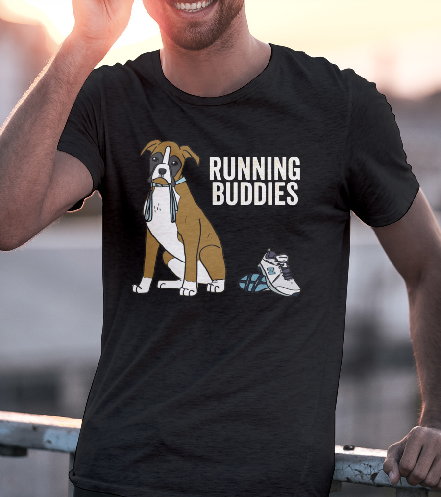Boxer With Shoe And Running Buddies Text T-Shirt