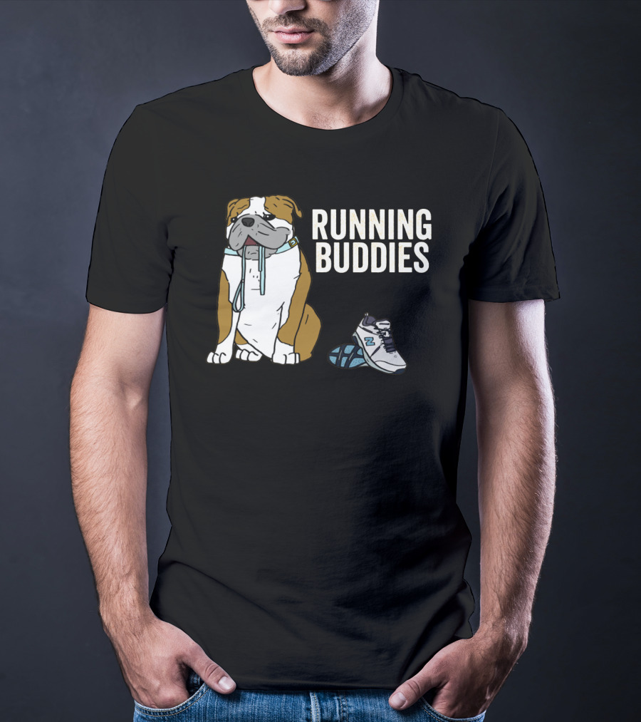 Bulldog And Sneakers Running Buddies With Leash And Shoe Companion T-Shirt