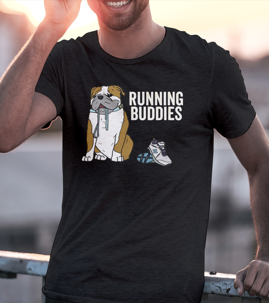Bulldog And Sneakers Running Buddies With Leash And Shoe Companion T-Shirt