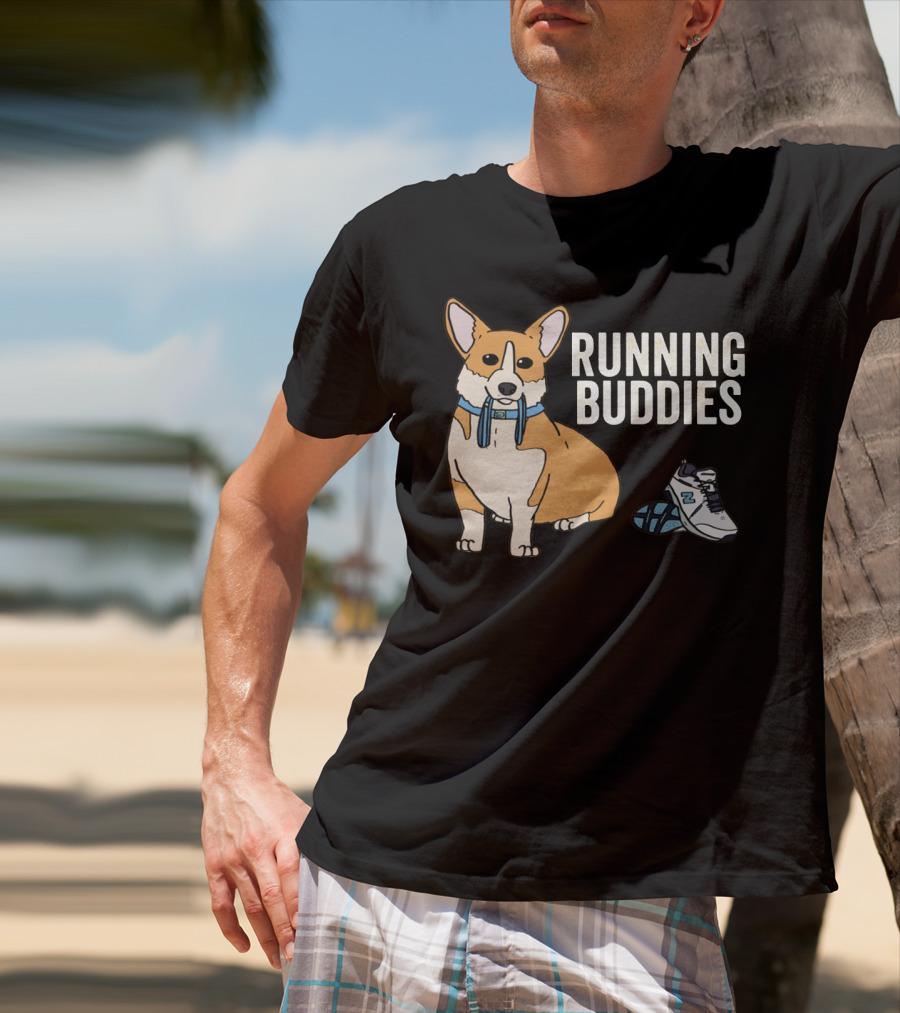 Corgi Running Buddies With Sneakers And Blue Collar T-Shirt