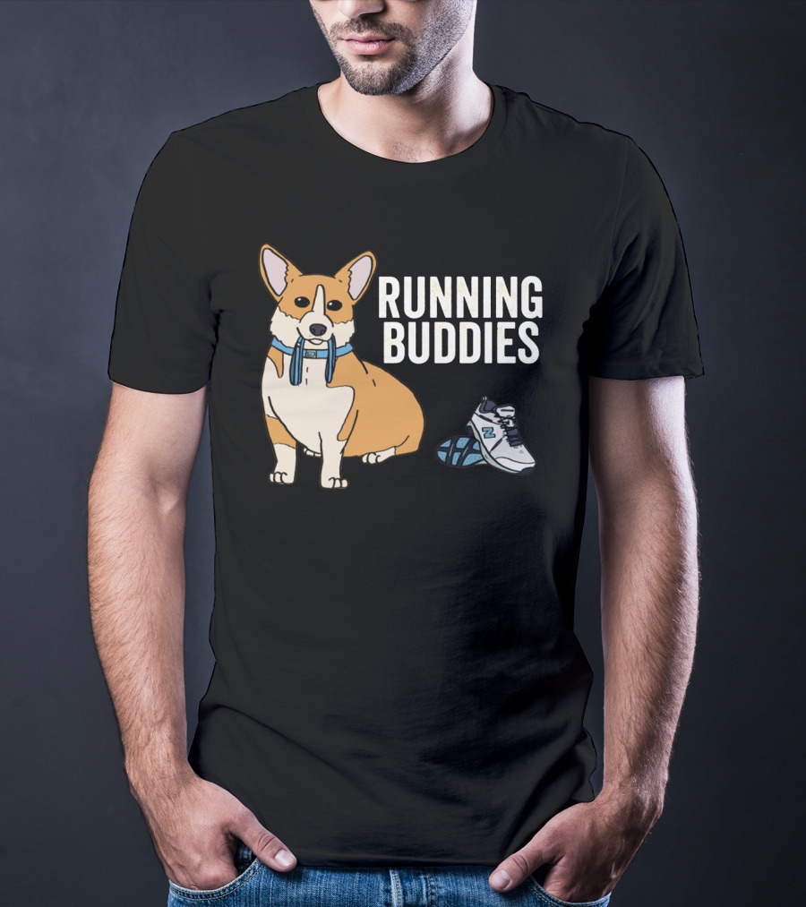 Corgi Running Buddies With Sneakers And Blue Collar T-Shirt