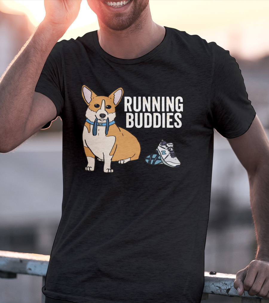 Corgi Running Buddies With Sneakers And Blue Collar T-Shirt