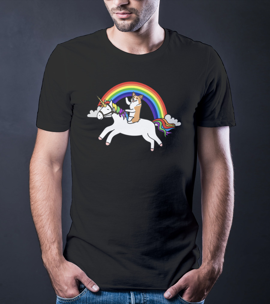 Corgi Riding Unicorn With Rainbow Arch And Cloud Elements T-Shirt