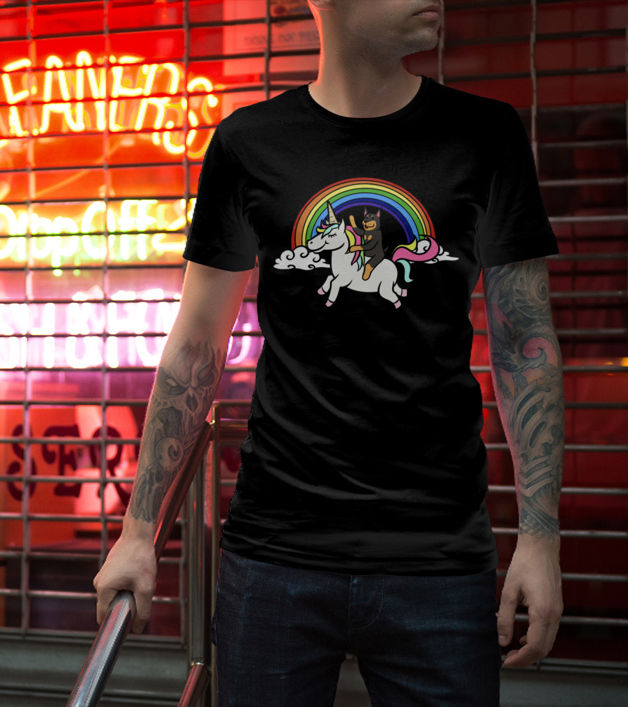 Doberman Riding Unicorn With Rainbow In Clouds T-Shirt
