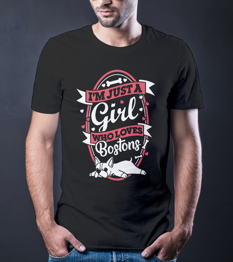 I'm Just A Girl Who Loves Bostons With Bones And Hearts Border T-Shirt