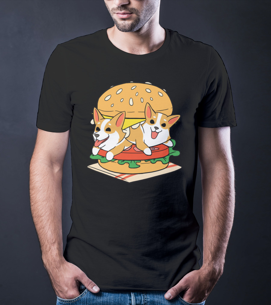 Corgi Burger Delight Double Pup Cheeseburger Fun T-Shirt