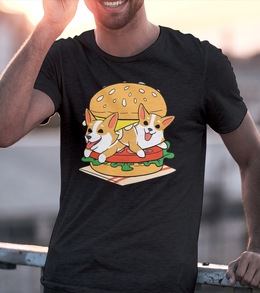 Corgi Burger Delight Double Pup Cheeseburger Fun T-Shirt
