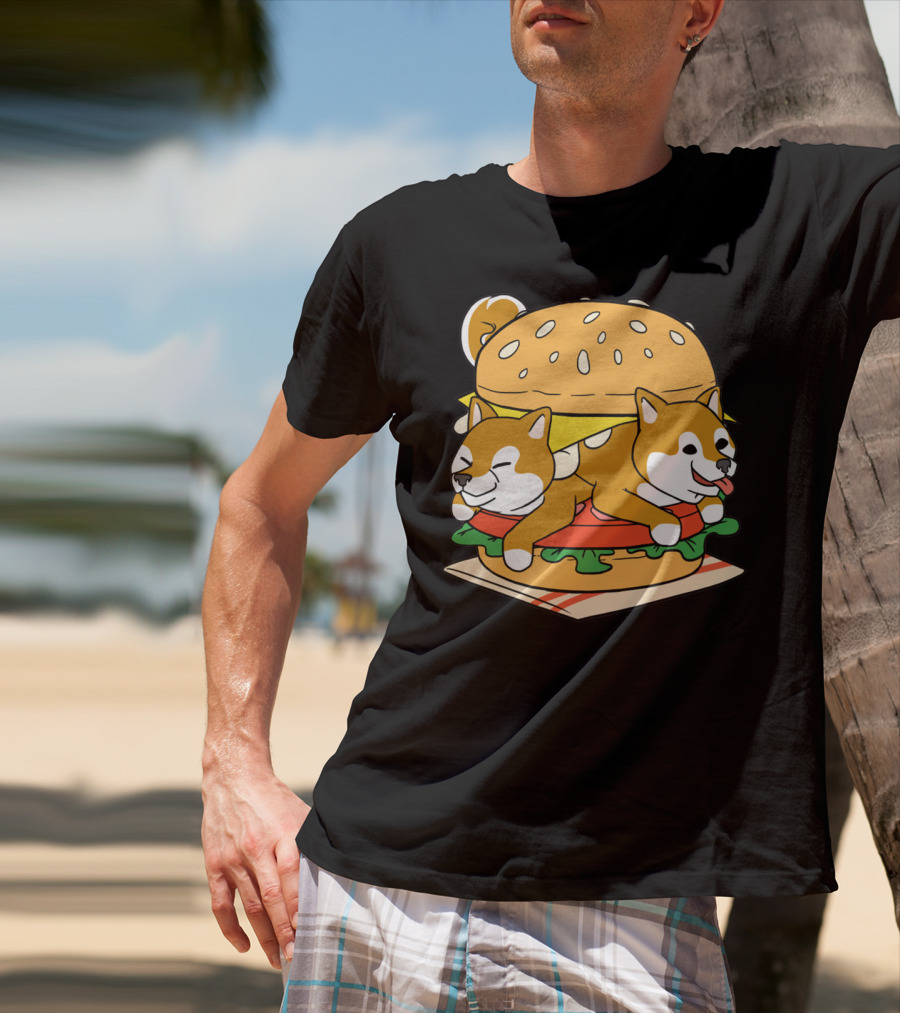 Shiba Inu Hamburger Parody With Cute Dog Duo Inside Cheeseburger Bun T-Shirt