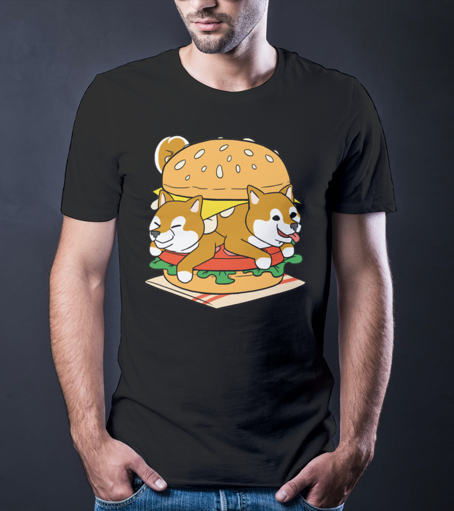 Shiba Inu Hamburger Parody With Cute Dog Duo Inside Cheeseburger Bun T-Shirt